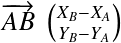 Équation en notation Latex : \overrightarrow{AB} \: \binom{X_B - X_A}{Y_B - Y_A}